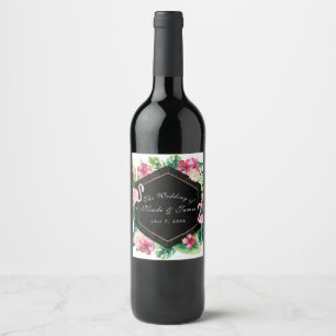 Tropical Leaves Hibiscus Flamingo Wedding Wine Wine Label