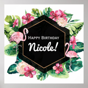 Tropical Leaves Hibiscus Flamingos Banner Poster