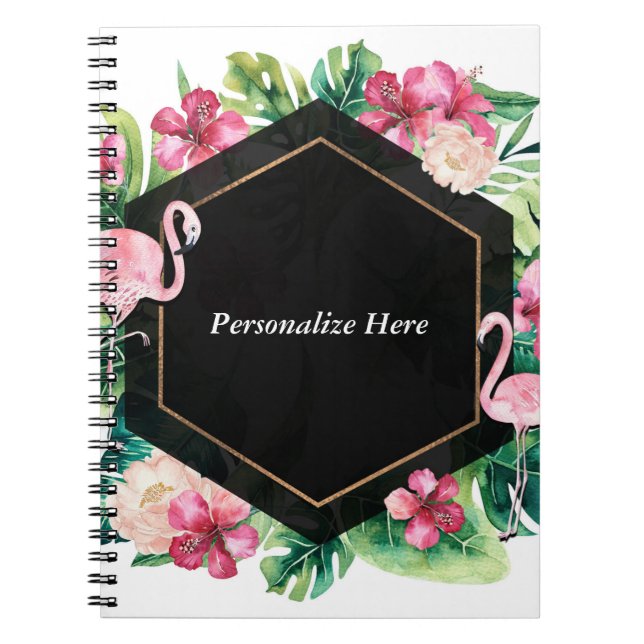 Tropical Leaves Hibiscus Flamingos Elegant Chic Notebook (Front)