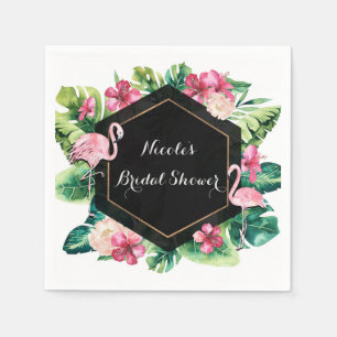 Tropical Leaves Hibiscus Flamingos Elegant Party Napkin