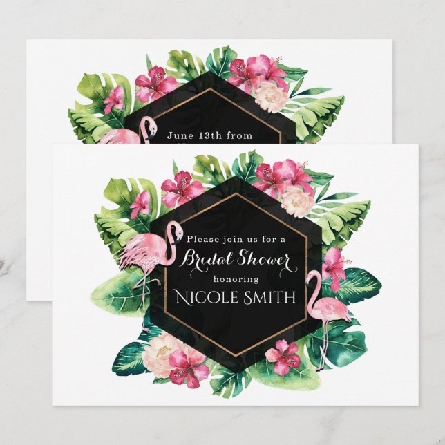 Tropical Leaves Hibiscus Flamingos Invitations (Front/Back)