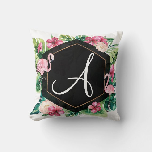 Tropical Leaves Hibiscus Flamingos Summer Chic Cushion (Front)