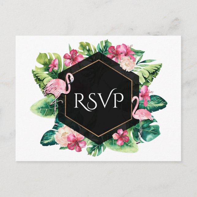 Tropical Leaves Hibiscus Flamingos Wedding RSVP Invitation Postcard (Front)