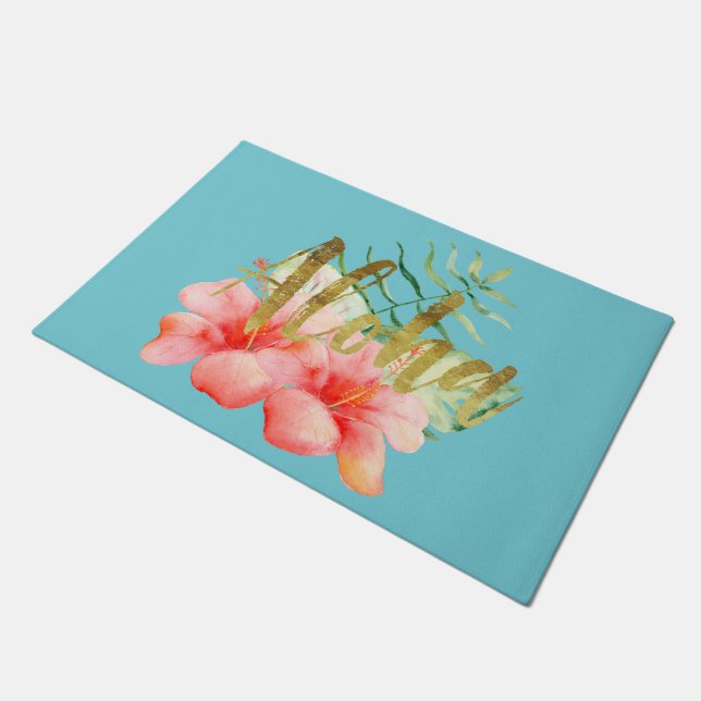 Tropical Leaves Hibiscus Floral Watercolor Aloha Doormat (Angled)