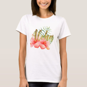 Tropical Leaves Hibiscus Floral Watercolor Aloha T-Shirt
