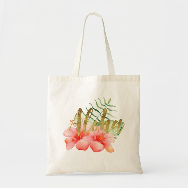 Tropical Leaves Hibiscus Floral Watercolor Aloha Tote Bag (Front)