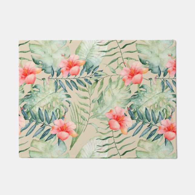 Tropical Leaves Hibiscus Floral Watercolor Doormat (Front)