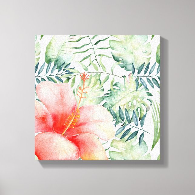 Tropical Leaves Hibiscus Floral Watercolor II Canvas Print (Front)