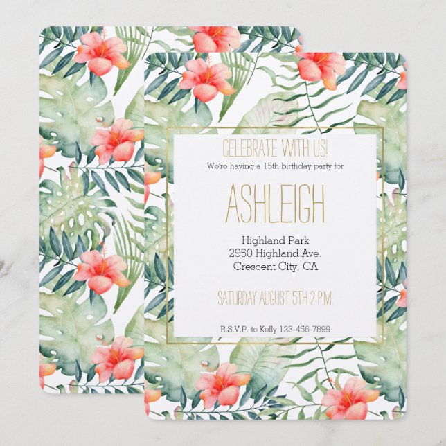 Tropical Leaves Hibiscus Floral Watercolor Invitation (Front/Back)