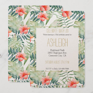 Tropical Leaves Hibiscus Floral Watercolor Invitation