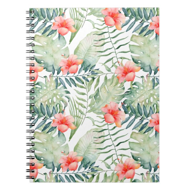 Tropical Leaves Hibiscus Floral Watercolor Notebook (Front)