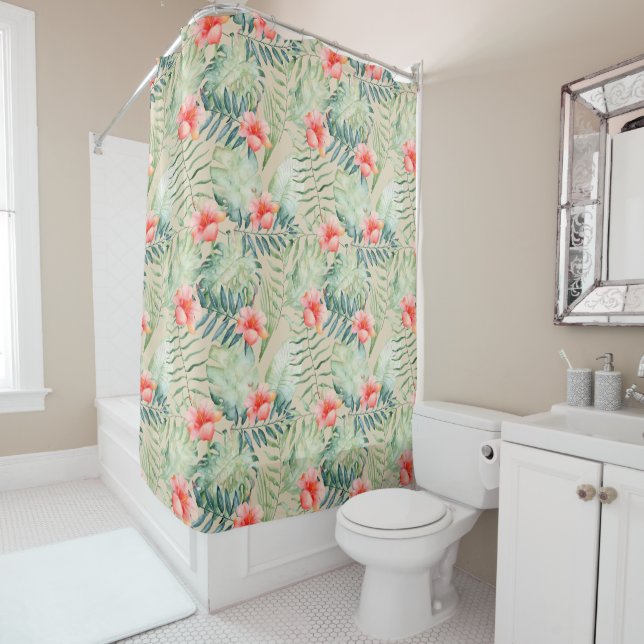 Tropical Leaves Hibiscus Floral Watercolor Shower Curtain (In Situ)