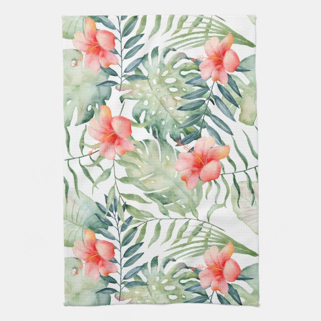 Tropical Leaves Hibiscus Floral Watercolor Tea Towel (Vertical)