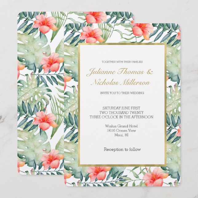 Tropical Leaves Hibiscus Floral Watercolor Wedding Invitation (Front/Back)