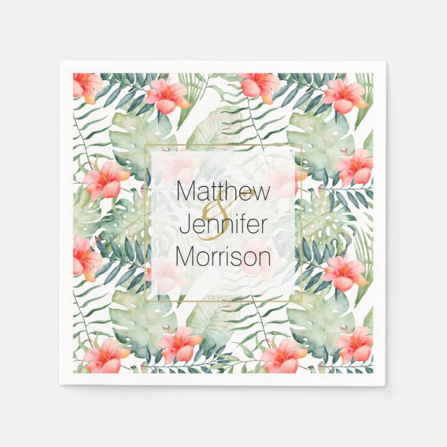 Tropical Leaves Hibiscus Floral Watercolor Wedding Napkin (Front)