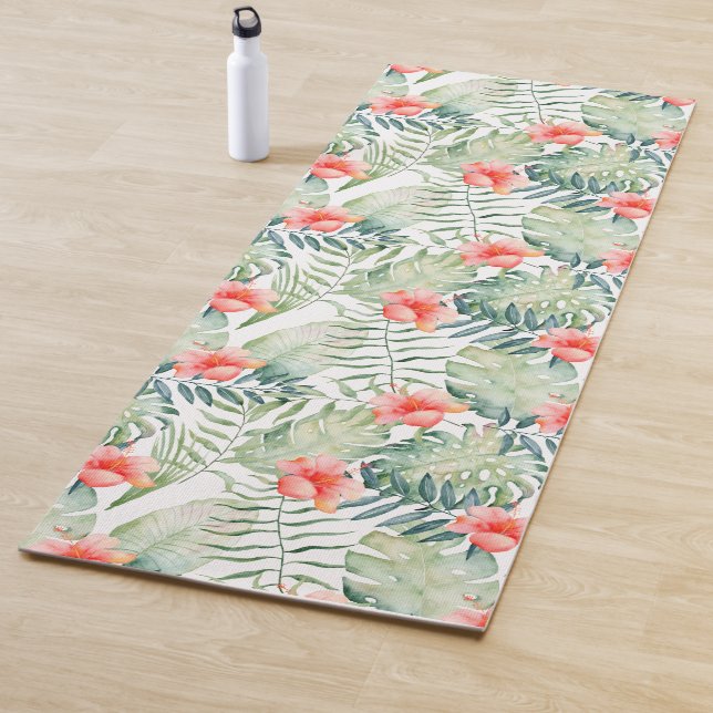 Tropical Leaves Hibiscus Floral Watercolor Yoga Mat (In Situ)