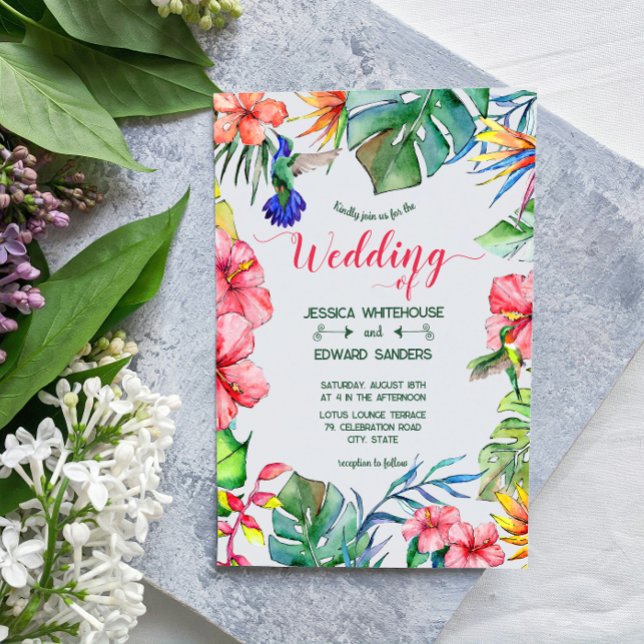 Tropical Leaves Hibiscus Hawaiian Luau Wedding Invitation (Creator Uploaded)