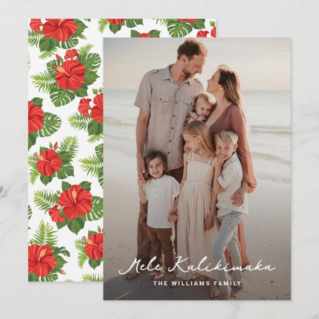 Tropical Leaves Hibiscus Photo Mele Kalikimaka Holiday Card (Front/Back)