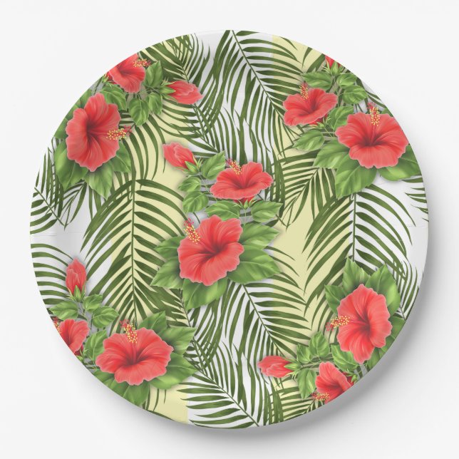 Tropical Leaves & Hibiscus Round Paper Plates (Front)