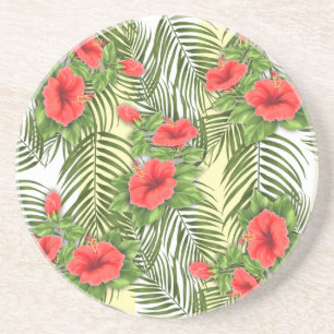 Tropical Leaves & Hibiscus Round Sandstone Coaster