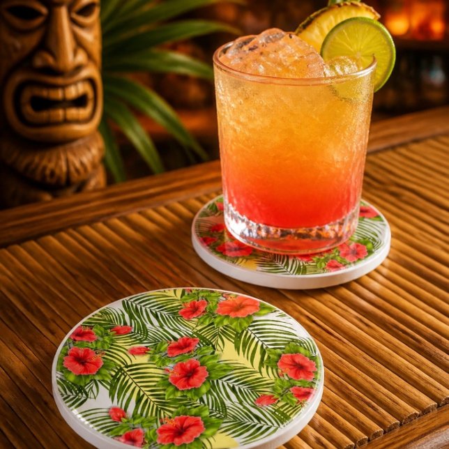 Tropical Leaves & Hibiscus Round Sandstone Coaster (Creator Uploaded)