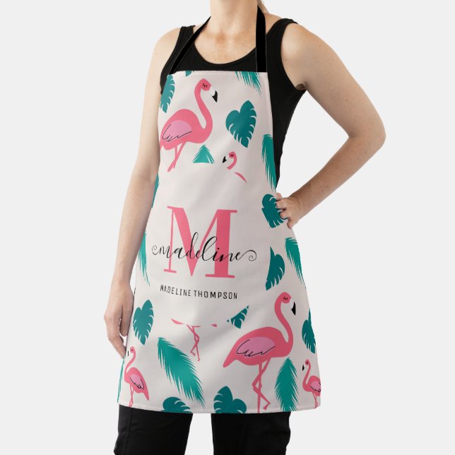 Tropical Leaves Hot Pink Flamingo Modern Monogram Apron (Insitu)