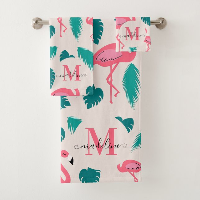 Tropical Leaves Hot Pink Flamingo Modern Monogram Bath Towel Set (Insitu)
