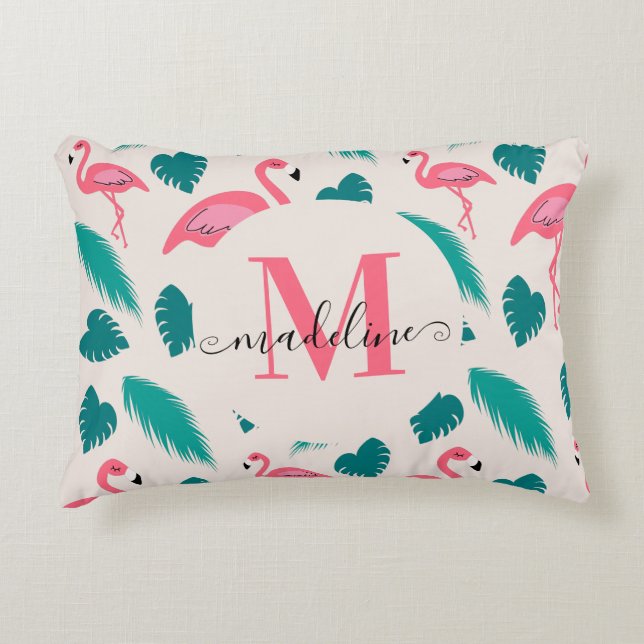 Tropical Leaves Hot Pink Flamingo Modern Monogram Decorative Cushion (Front)