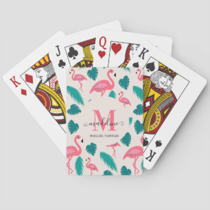 Tropical Leaves Hot Pink Flamingo Modern Monogram Playing Cards
