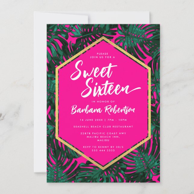 Tropical Leaves Hot Pink Green Sweet Sixteen Invitation (Front)