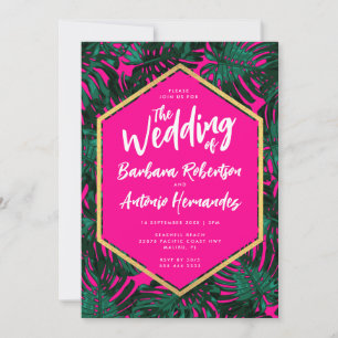 Tropical Leaves Hot Pink Green Wedding Invitation