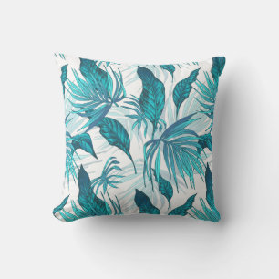 Tropical Leaves in Teal Outdoor Cushion