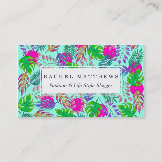 Tropical Leaves in Vibrant Watercolor Pattern Business Card (Front)