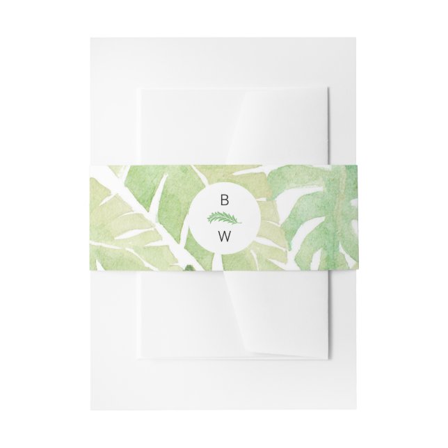 Tropical Leaves in Watercolor with Monogram Invitation Belly Band (Front Example)