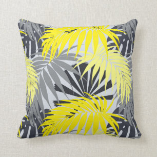 Tropical Leaves in Yellow and Grey Cushion