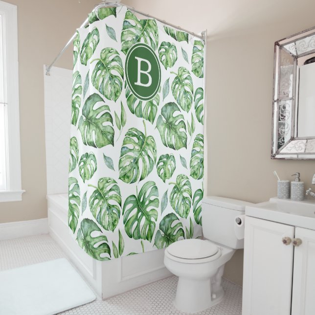 Tropical Leaves Initial Shower Curtain (In Situ)