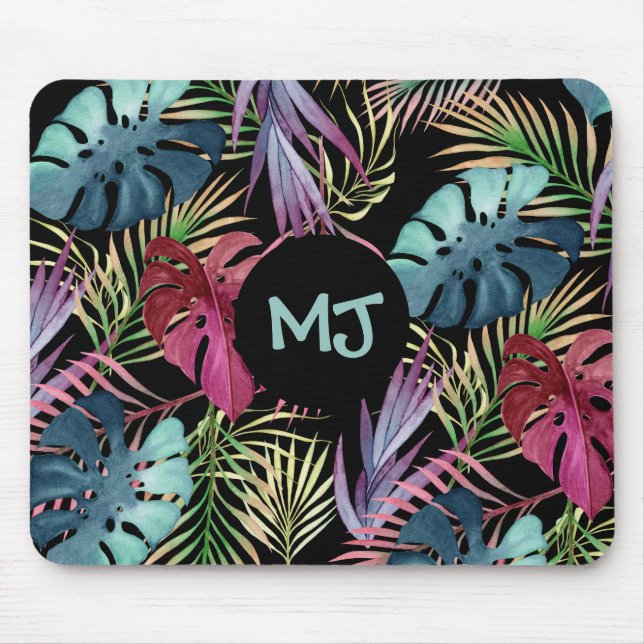 Tropical Leaves Jungle Pattern with Monogram Mouse Mat (Front)