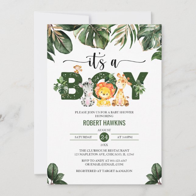 Tropical Leaves Jungle Safari Animals Baby Shower  Invitation (Front)