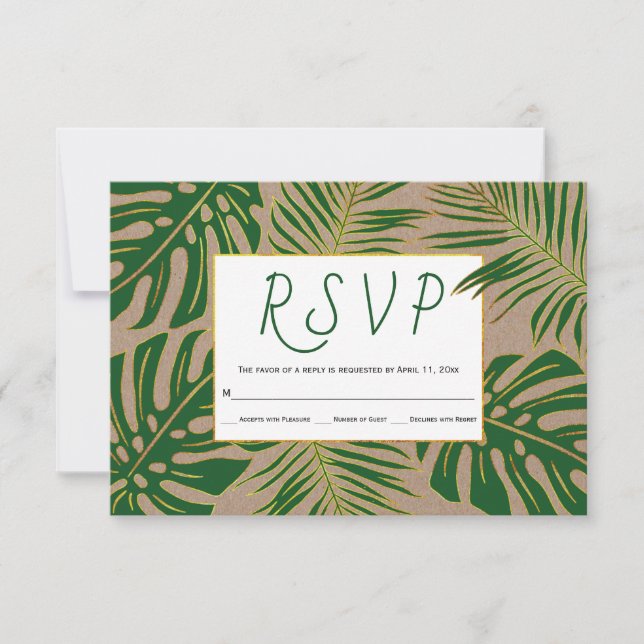 Tropical leaves kraft paper rustic wedding RSVP (Front)