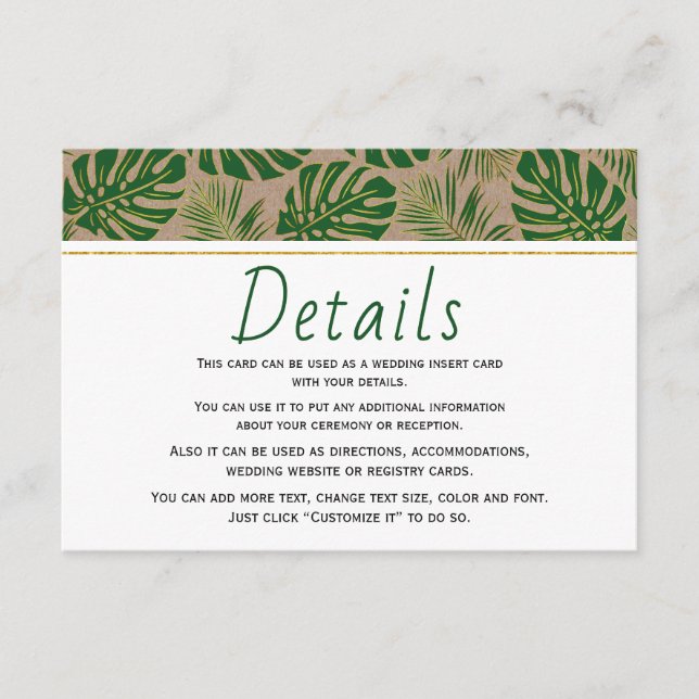 Tropical leaves kraft paper wedding insert card (Front)