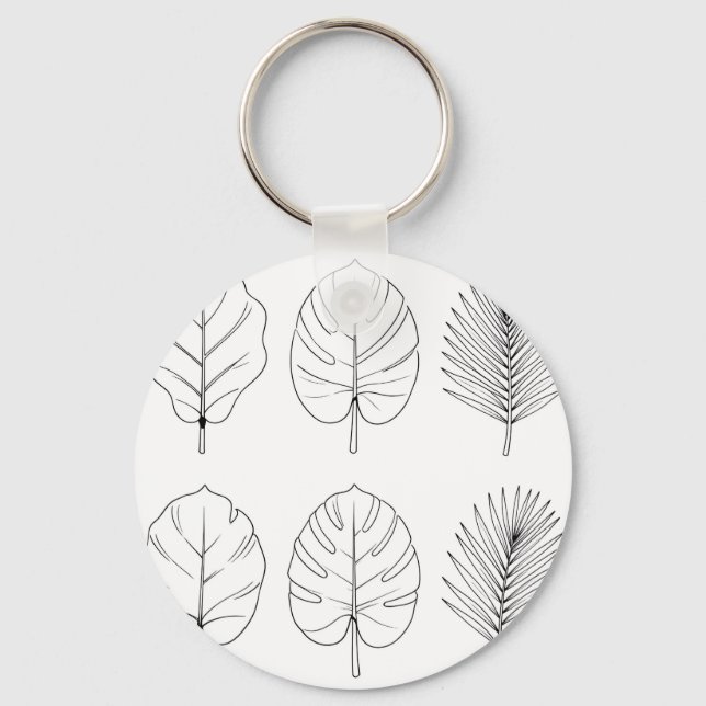 Tropical Leaves Line Art Pattern Key Ring (Front)