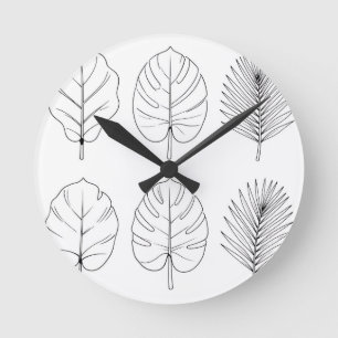 Tropical Leaves Line Art Pattern Round Clock