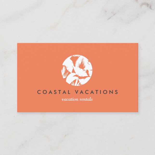Tropical Leaves Logo on Orange for Vacation Rental Business Card (Front)