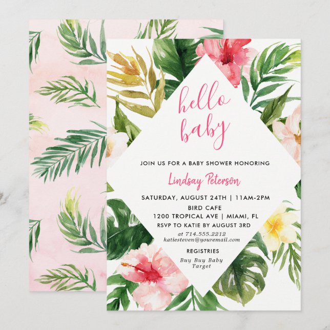 Tropical Leaves Luau Baby Shower Invitation Card (Front/Back)
