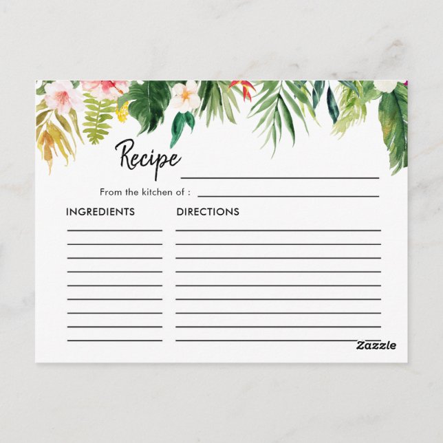 Tropical Leaves Luau Bridal Shower Recipe Card (Back)