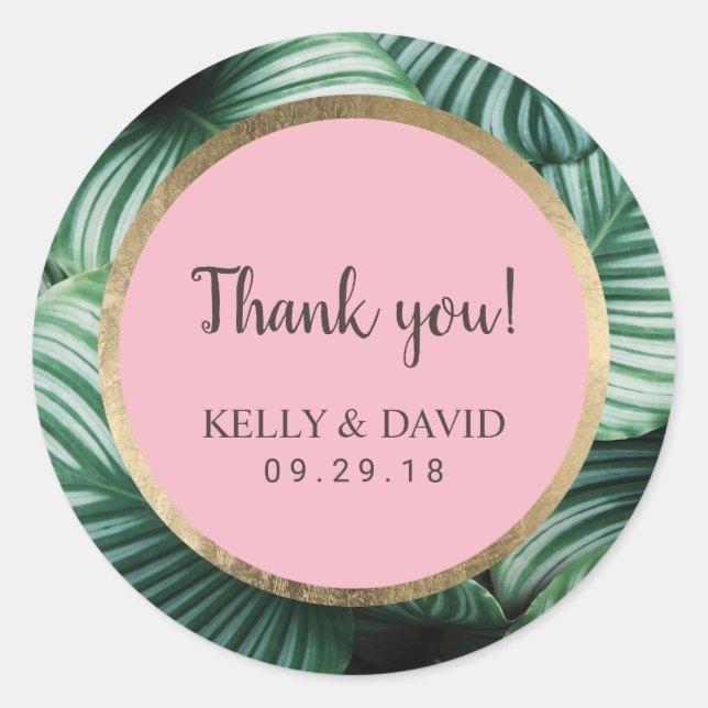 Tropical Leaves Luau Thank You Classic Round Sticker (Front)