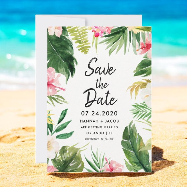 Tropical Leaves Luau Wedding Save The Dates Cards (Creator Uploaded)