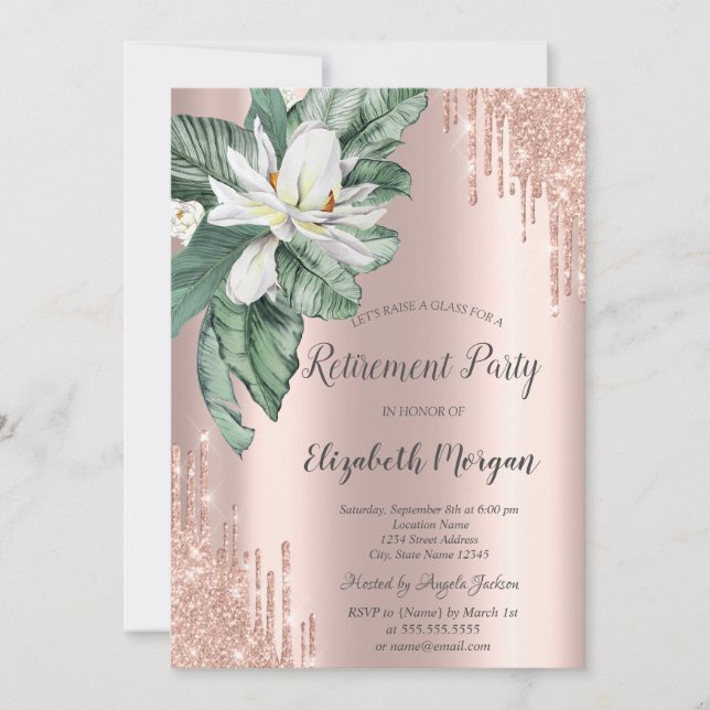 Tropical Leaves Magnolia Glitter Drips Retirement  Invitation (Front)