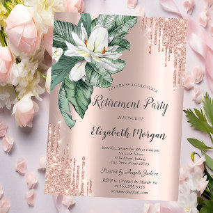 Tropical Leaves Magnolia Glitter Drips Retirement Invitation