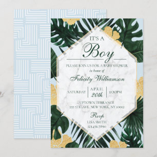 Tropical Leaves Marble Blue Baby Shower Invitation